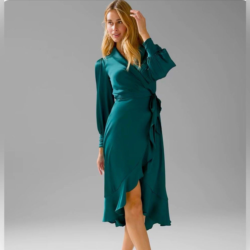 WHBM Long Sleeve Satin Ruffle Wrap Dress